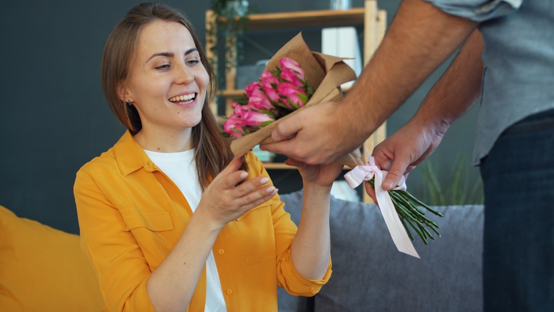 Woman receiving flowers